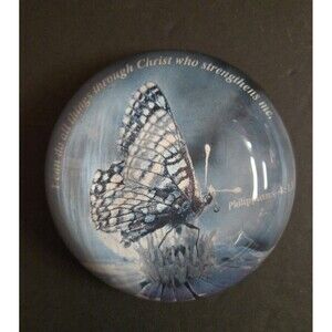 Butterfly Paperweight Domed Glass 3" Diameter Philppians 4:13 Inspirational